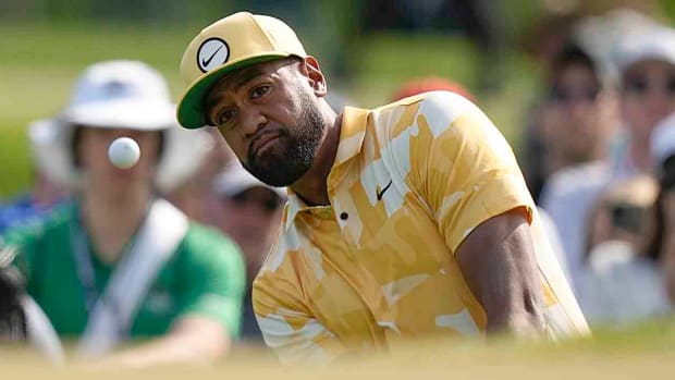 Tony Finau watches a shot during the first round of the 2023 PGA Championship.